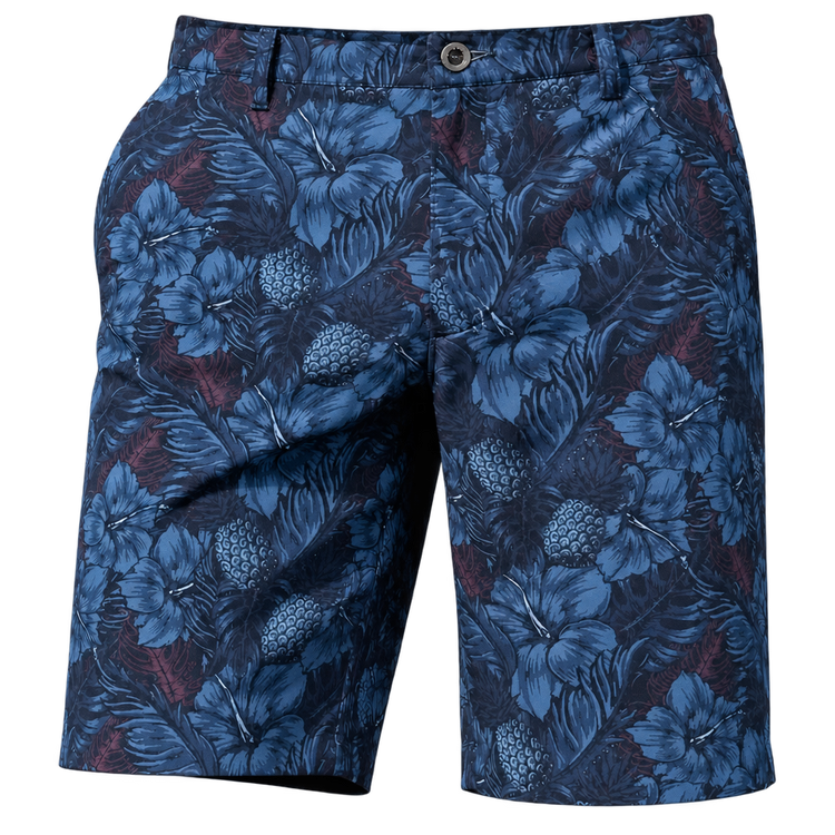 Close-up front view of blue tropical-floral golf shorts showing the button waist and belt loops.