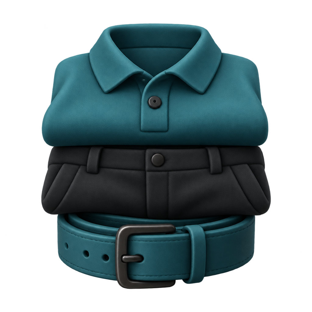 Illustration of a folded teal polo, dark shorts and teal belt.
