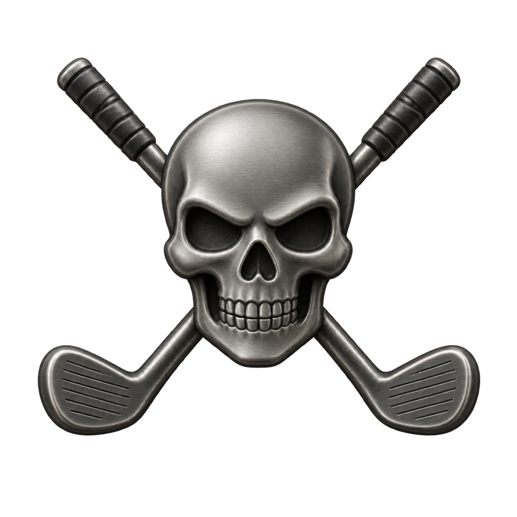 Silver skull with crossed golf clubs.