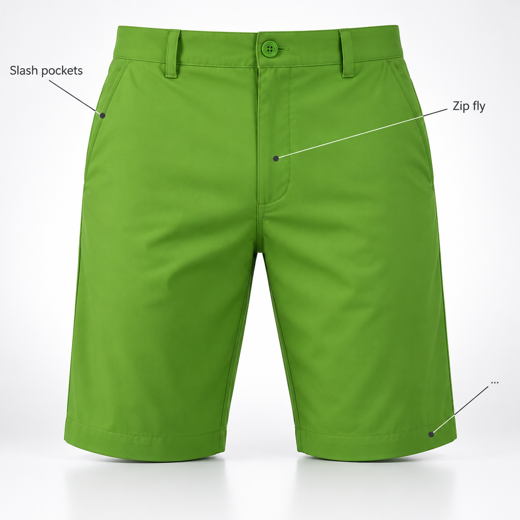 Green shorts diagram labeling slash pockets and a zip fly, with an additional arrow pointing to the hem.