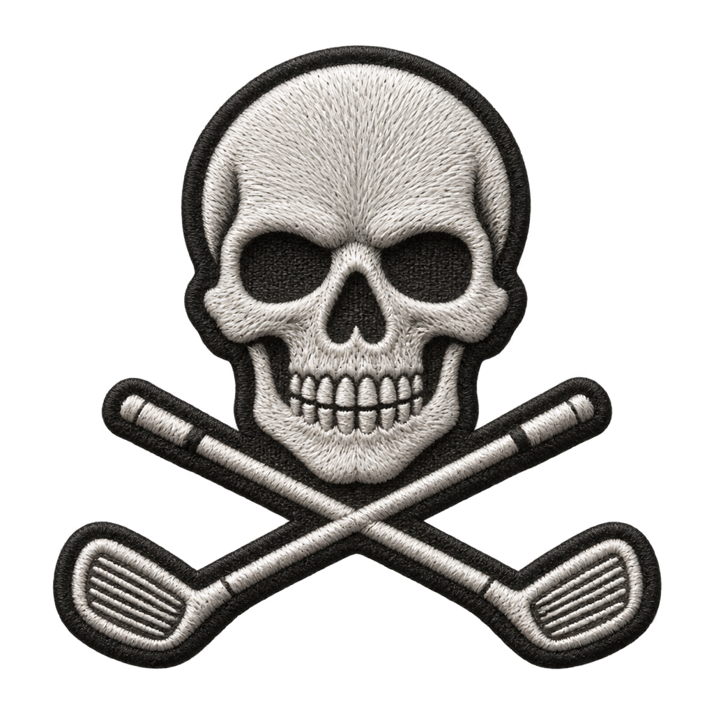 White embroidered-style skull-and-crossed-clubs illustration.