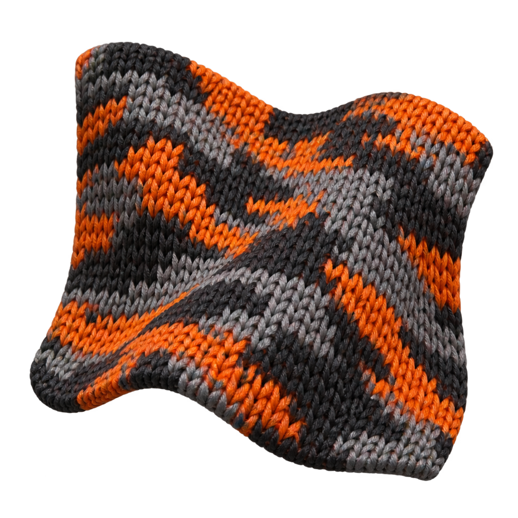 Illustration of an orange, grey and black camouflage knitted fabric swatch.