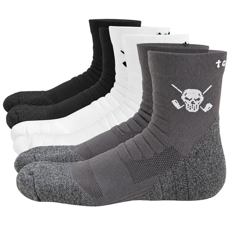 Black, white and grey quarter-length socks with skull logos arranged in a row.