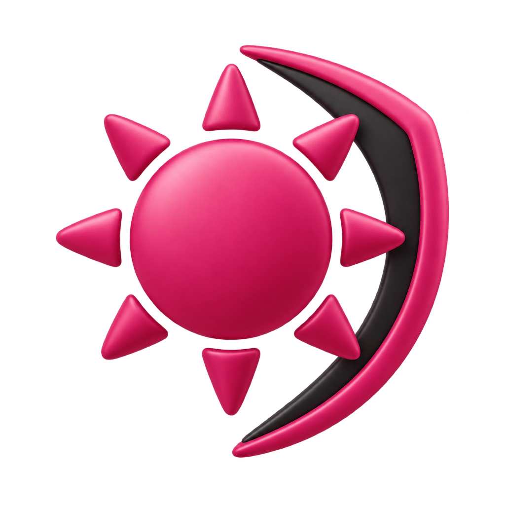 Pink sun icon partially enclosed by a dark shield.