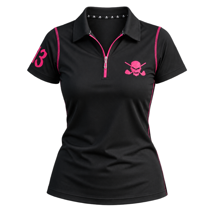 Front view of a black women's quarter-zip polo with pink piping and skull branding.