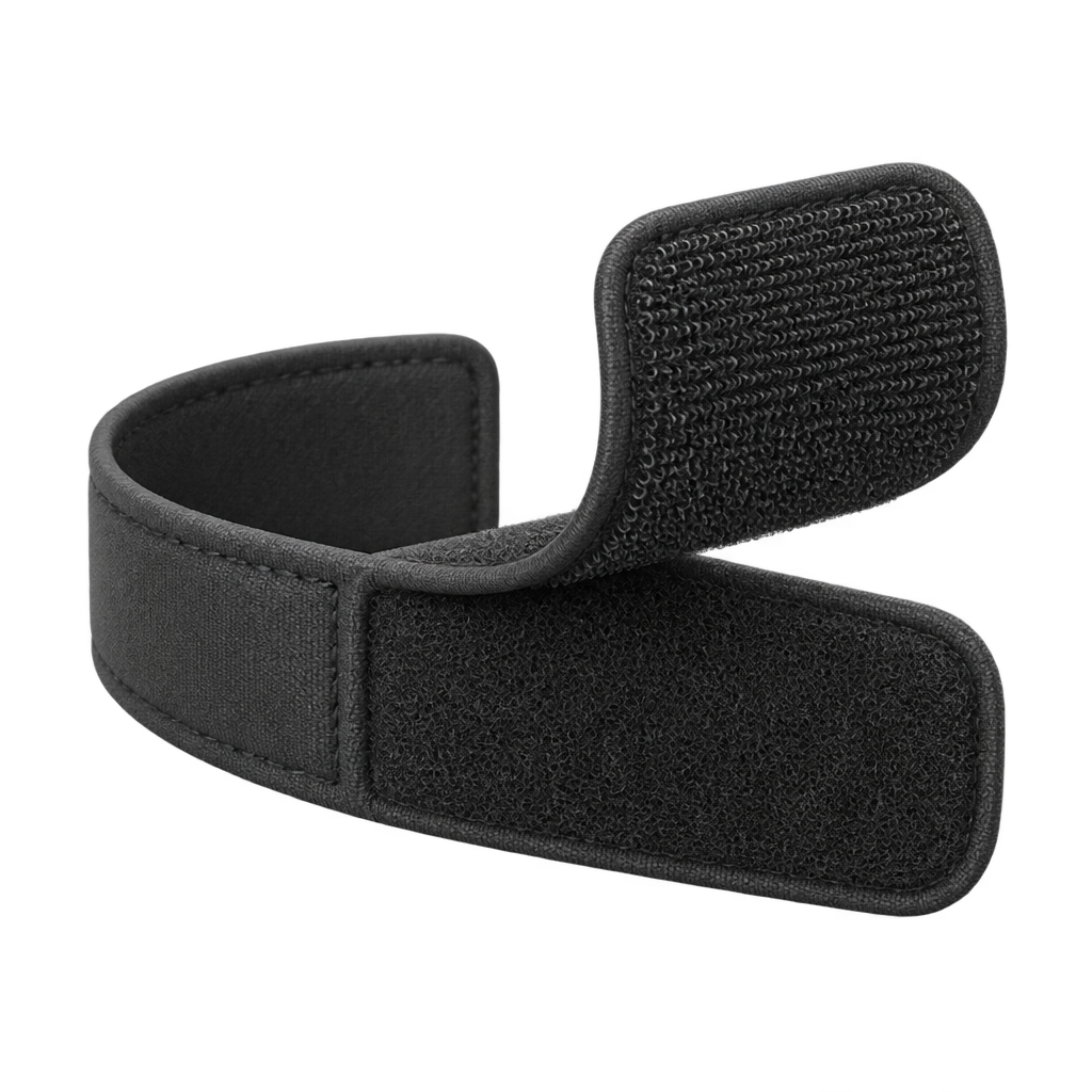 Illustration of an open black adjustable fastening band.