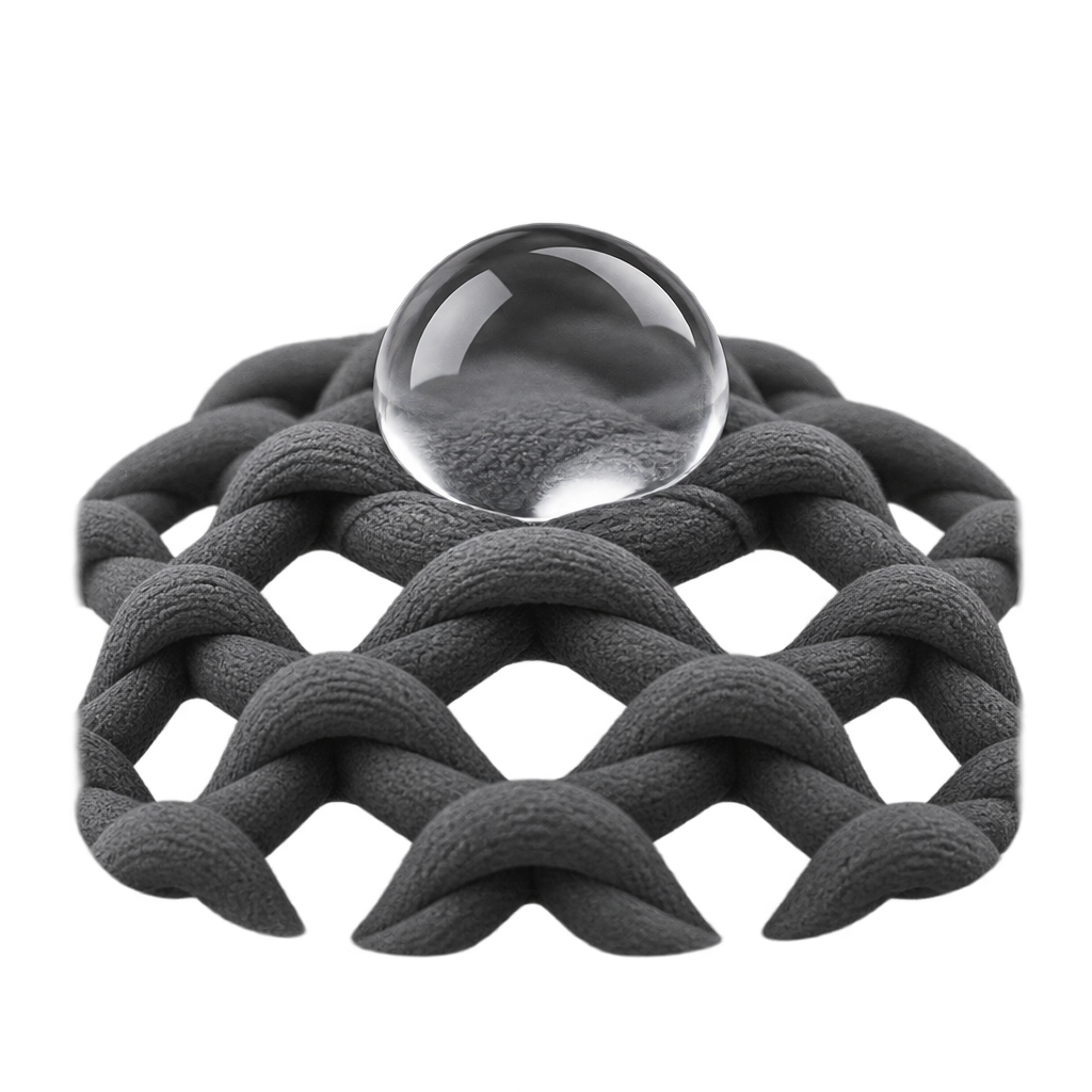 Illustration of a clear water droplet resting on grey woven fibers.