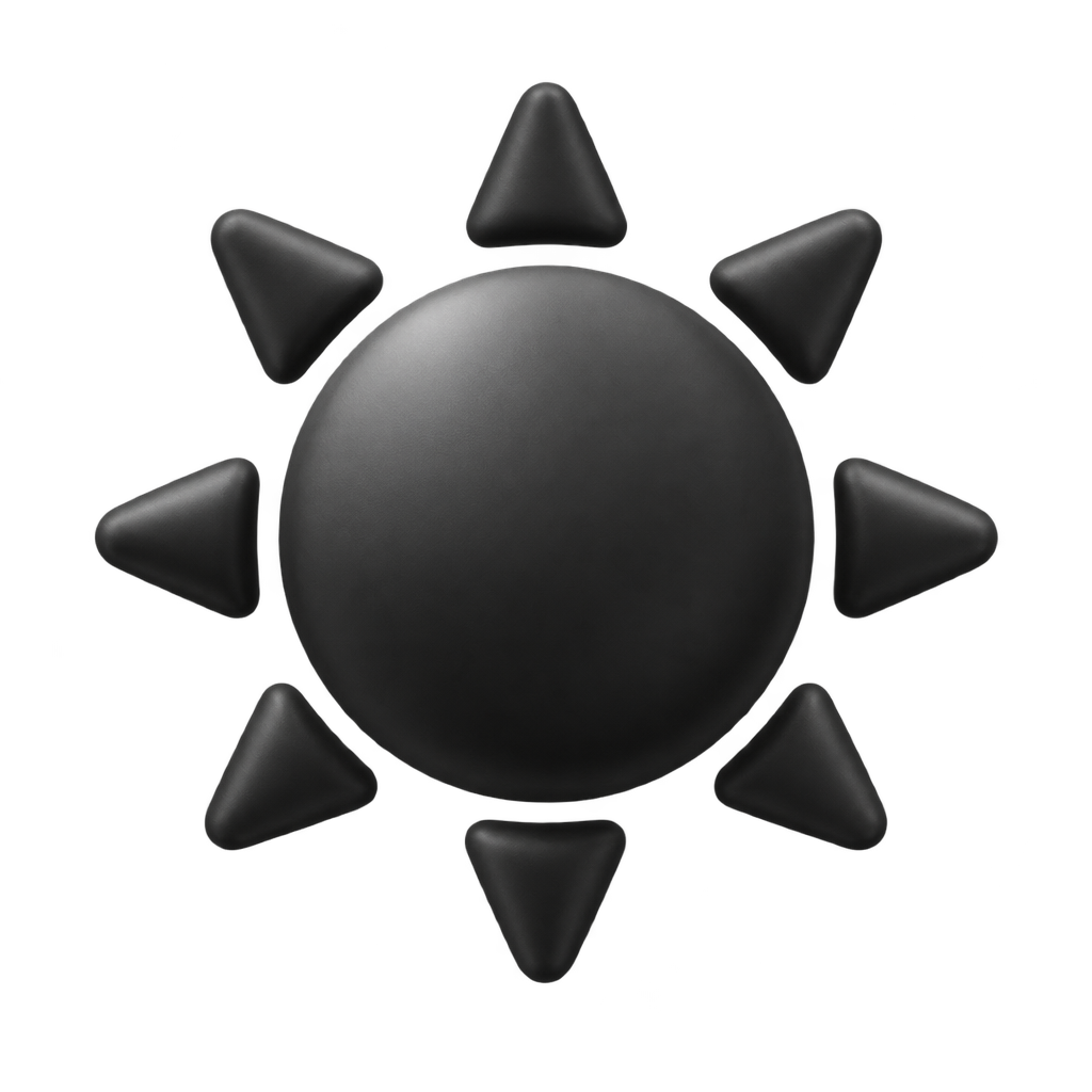 Black sun icon with triangular rays on a dark background.