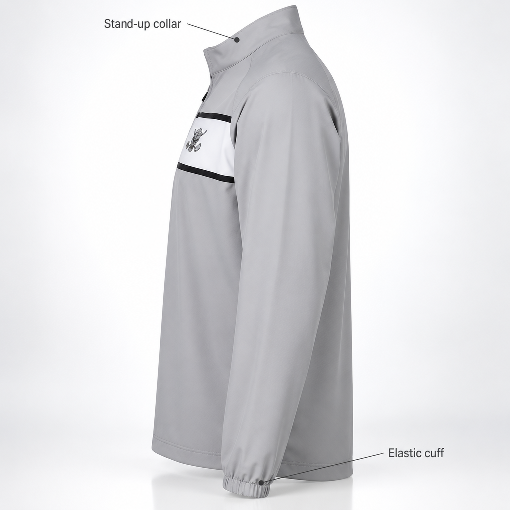 Side-view grey top diagram labeling the stand-up collar and elastic cuff.