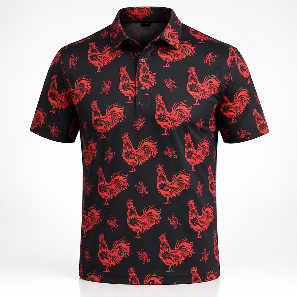 Black and red rooster-print polo displayed on white.