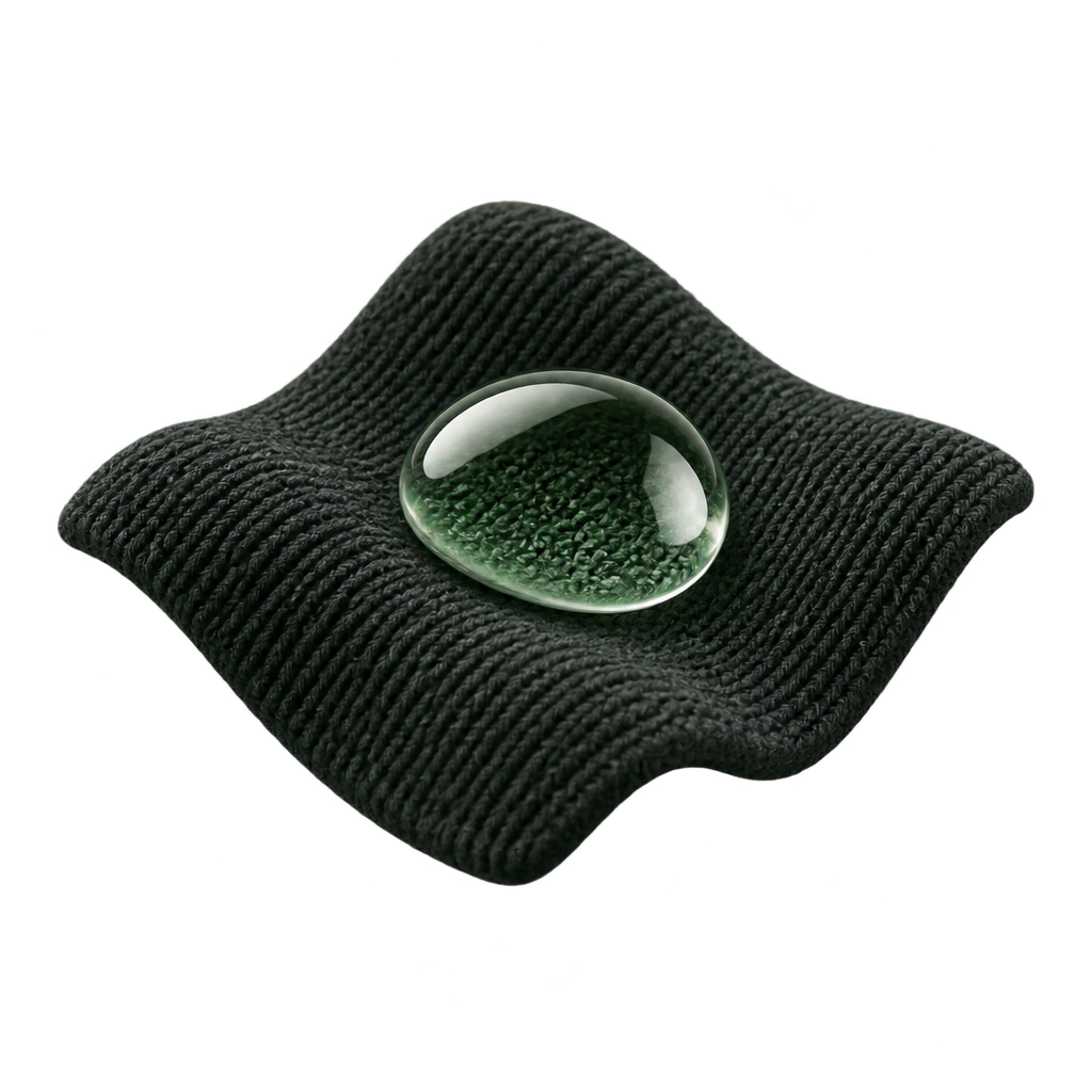 Illustration of a clear water droplet on dark green fabric.
