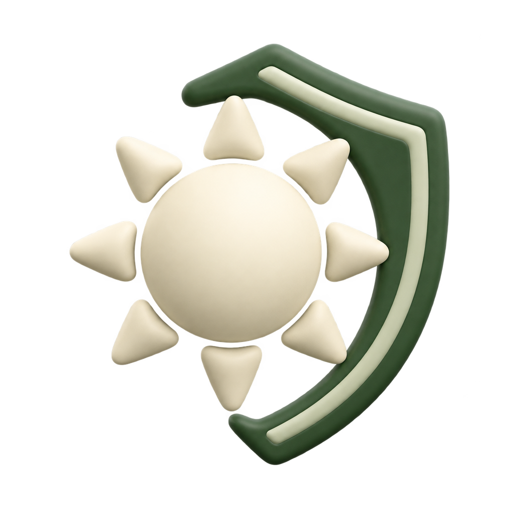 Cream-colored sun in front of a green shield icon.