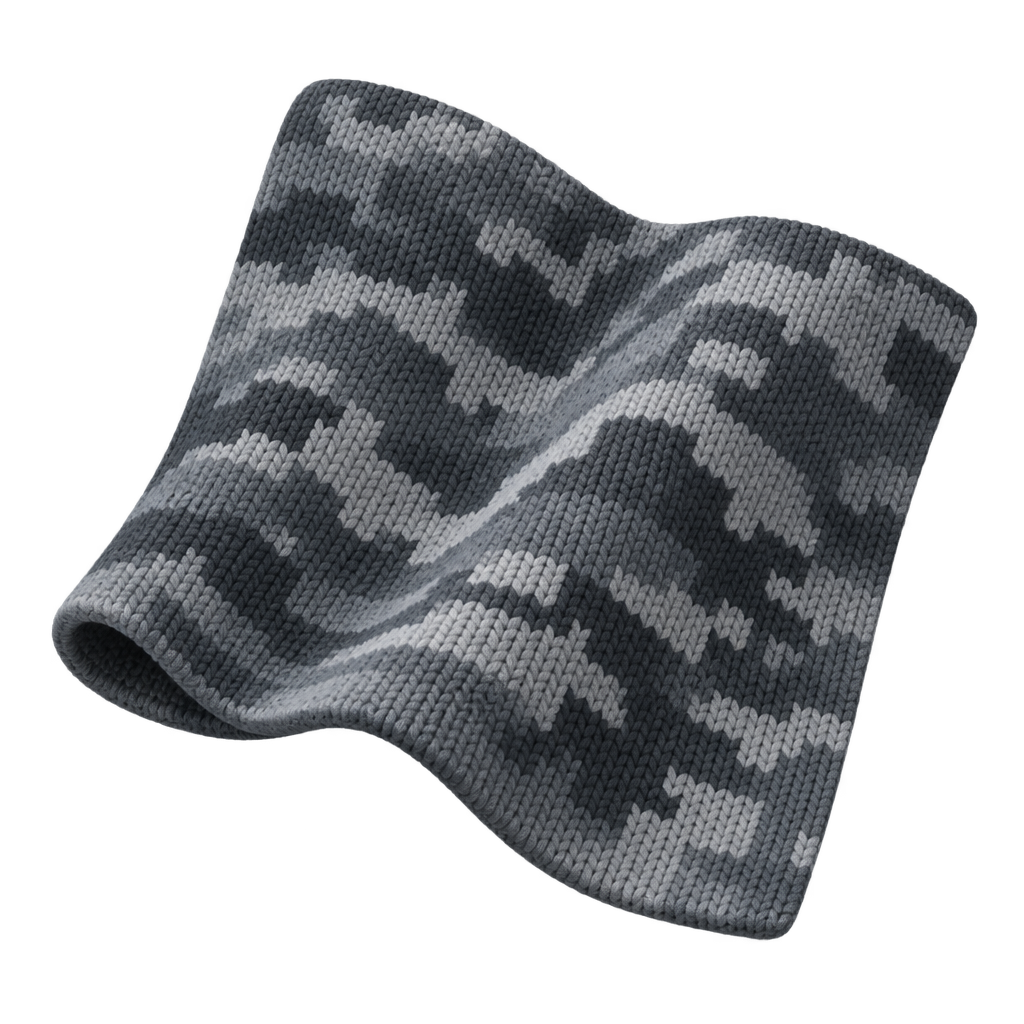 Illustration of a folded grey camouflage knitted swatch.