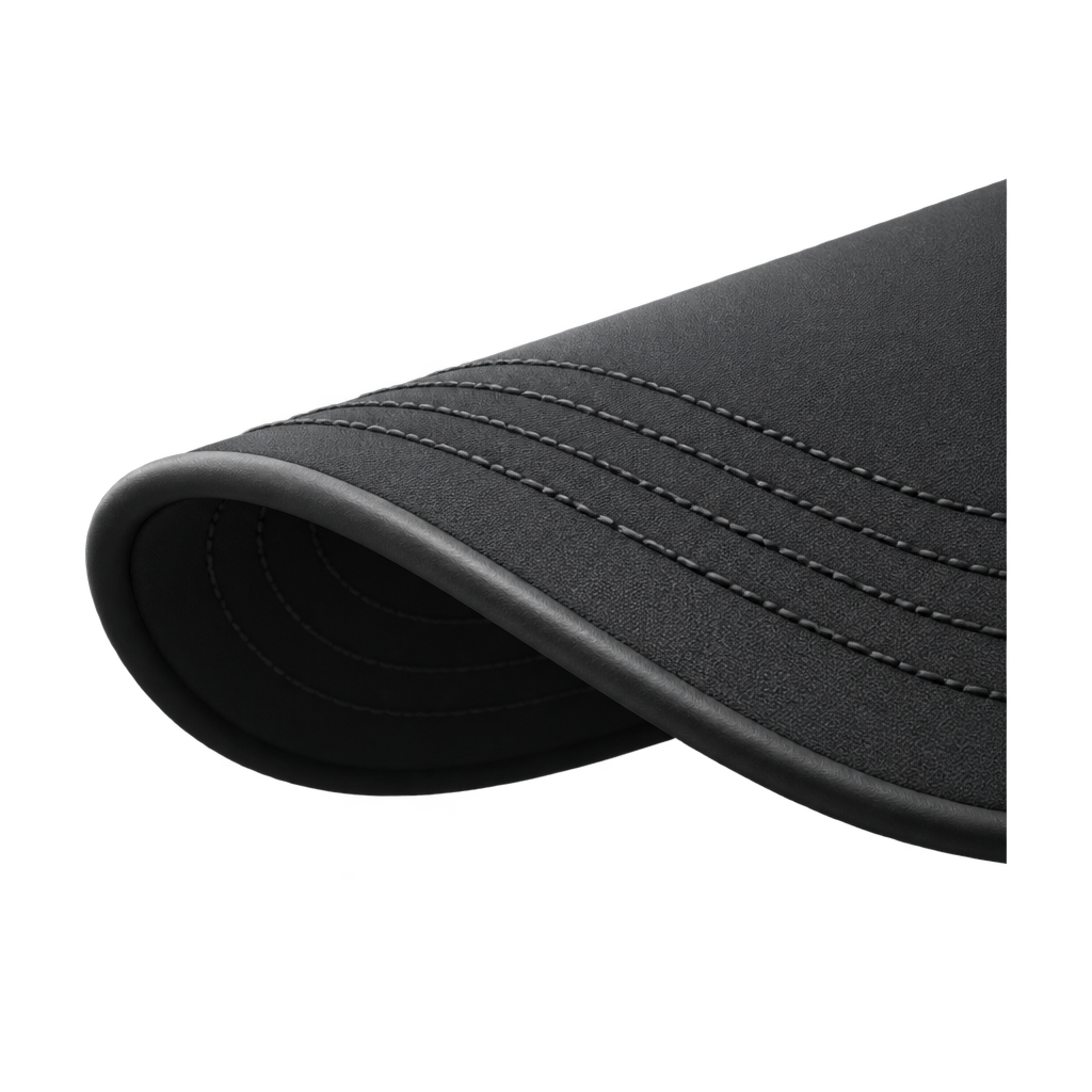 Illustration of a curved grey cap brim with parallel stitching.