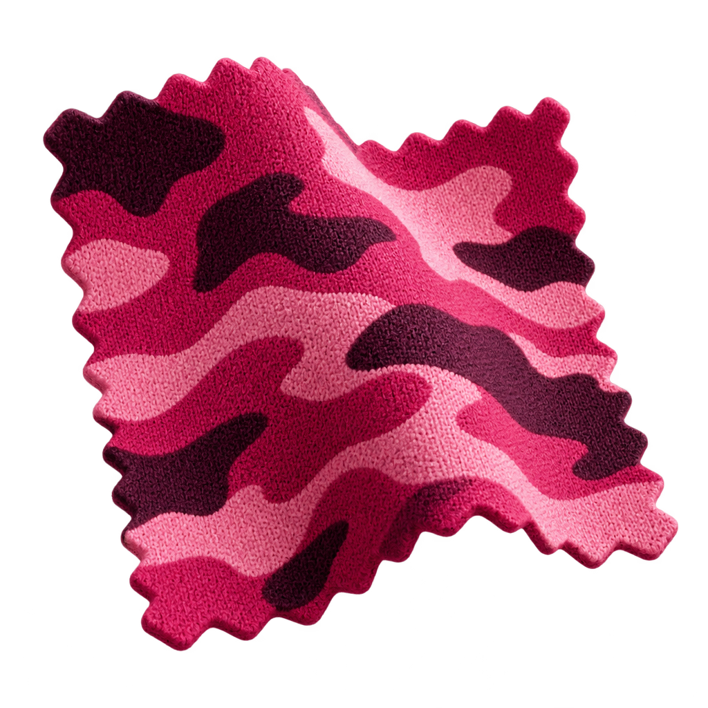 Illustration of pink camouflage fabric with zigzag edges.