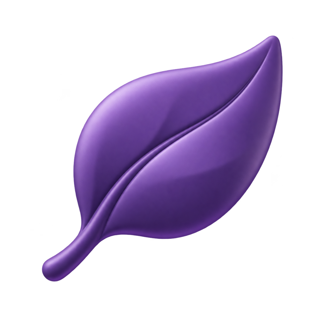 Glowing purple leaf icon against a dark background.