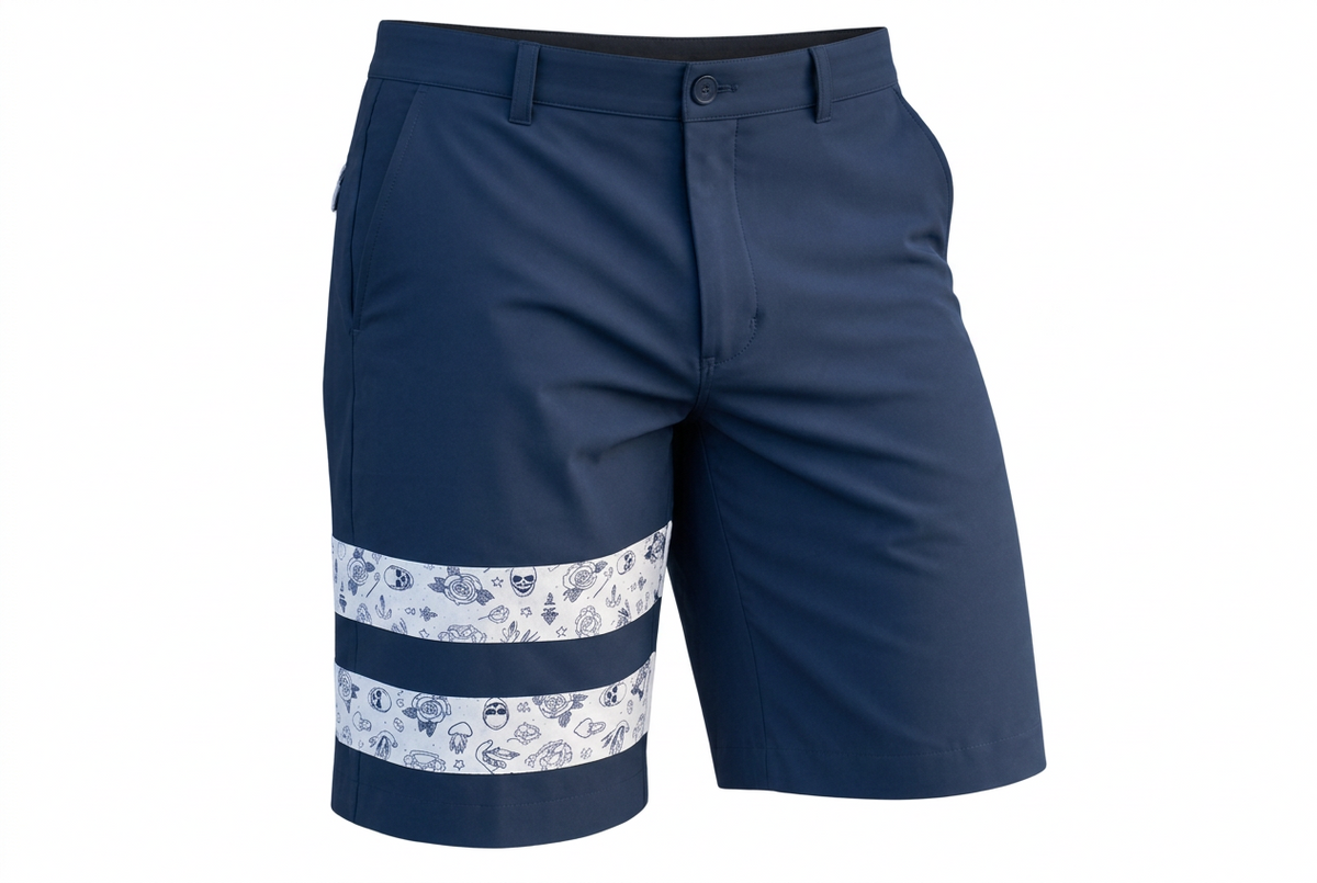 Front view of navy golf shorts with two white patterned bands around one leg.