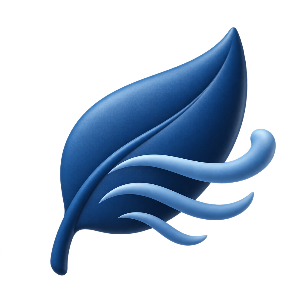 Blue leaf icon with three flowing curved lines beside it.
