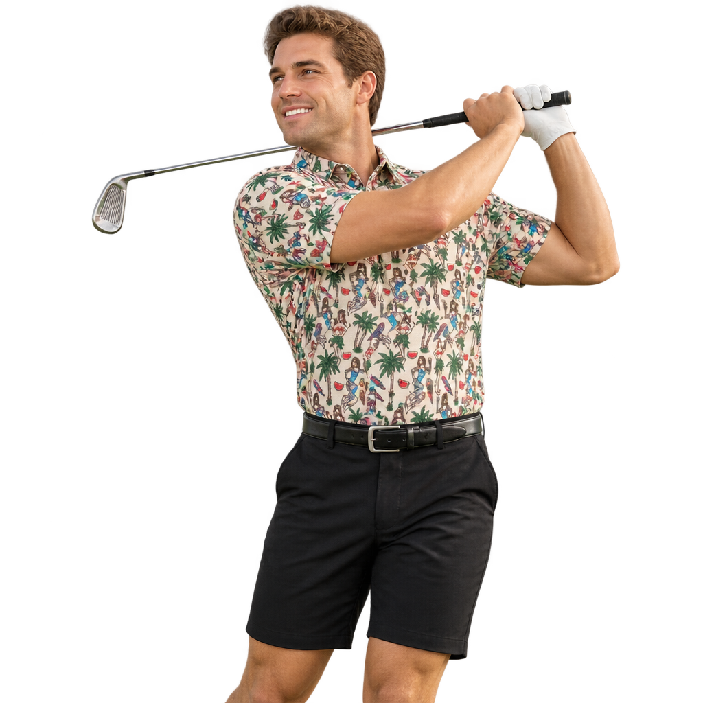 Golfer swinging in a cream tropical-print polo and black shorts.