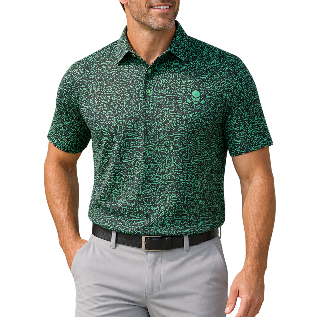 Man wearing the Tattoo Golf Summertime green golf polo with all-over line-art print, a skull chest logo, and light grey trousers.