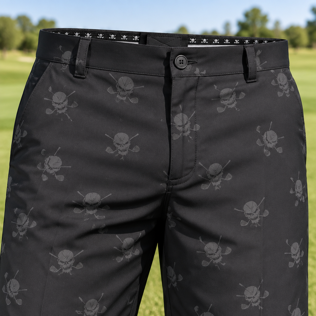 Black skull-print golf shorts displayed against a blurred golf-course background.