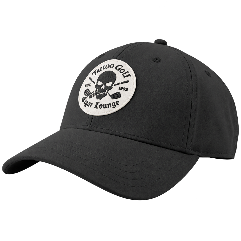 Black curved-brim cap with a white circular Tattoo Golf Cigar Lounge skull patch.