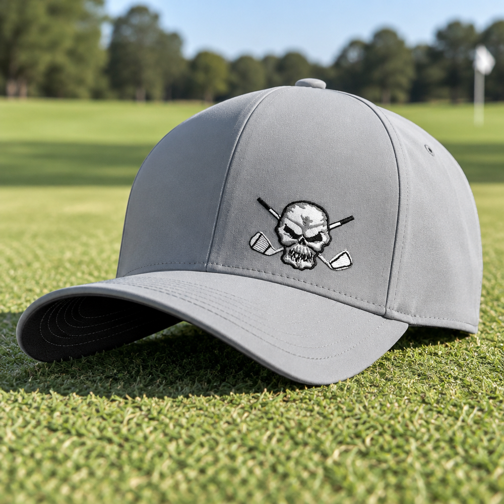 Grey skull-logo cap resting on grass.