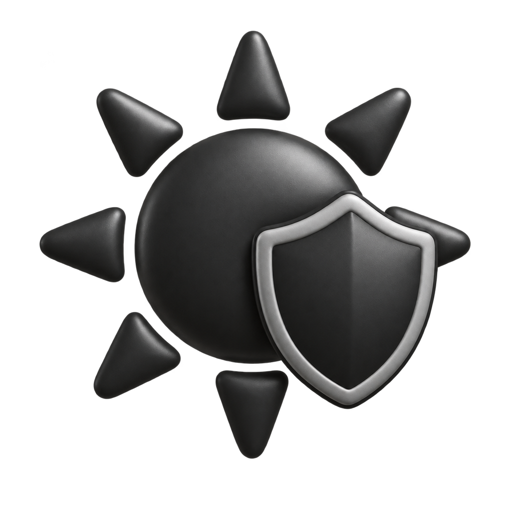 Black sun icon with a silver-edged shield.