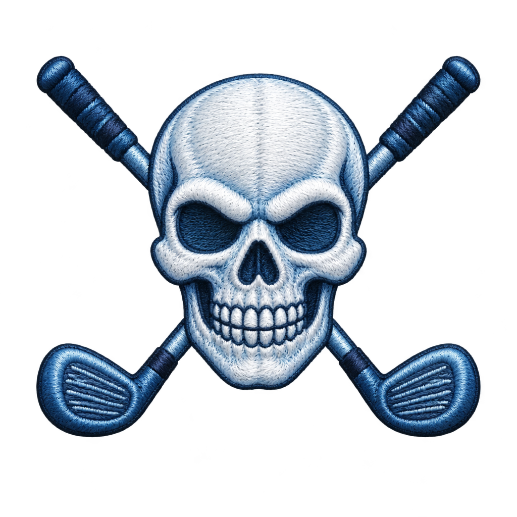 Blue-and-white embroidered-style skull-and-crossed-clubs illustration.