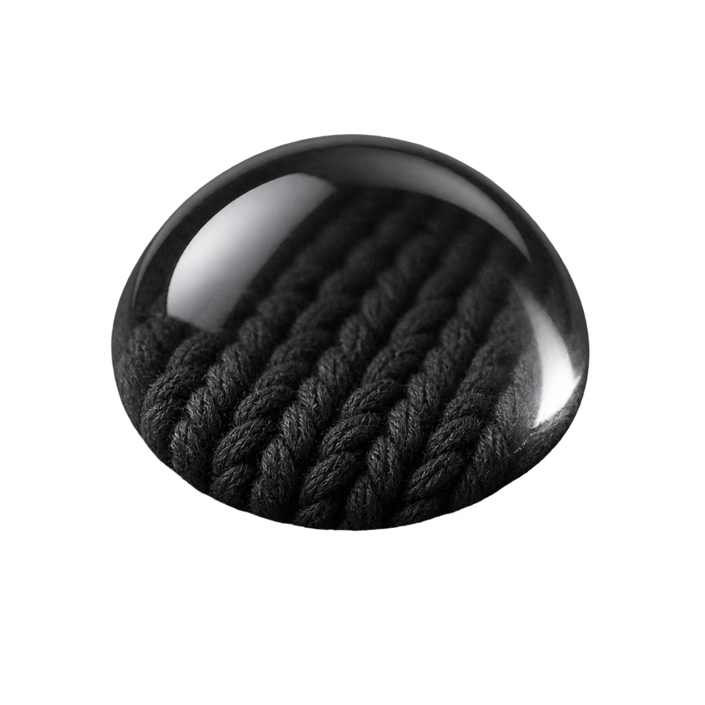 Illustration of a clear water droplet over black knit stitches.
