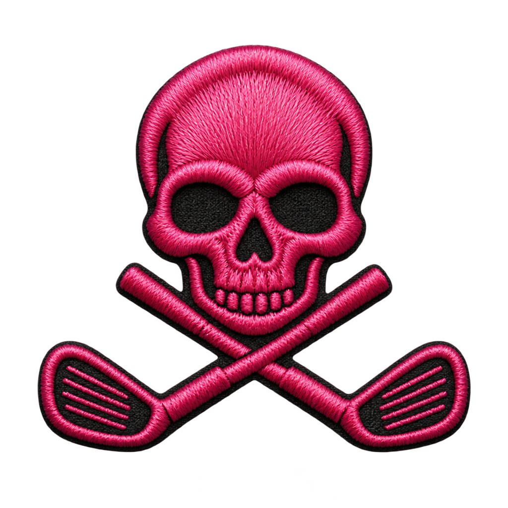 Pink embroidered-style skull-and-crossed-clubs illustration.