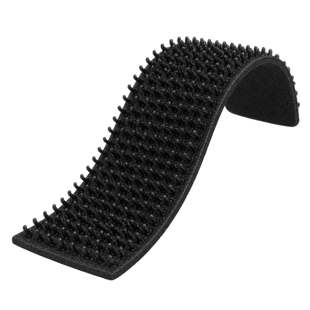 Illustration of a curved black hook-fastener strip.