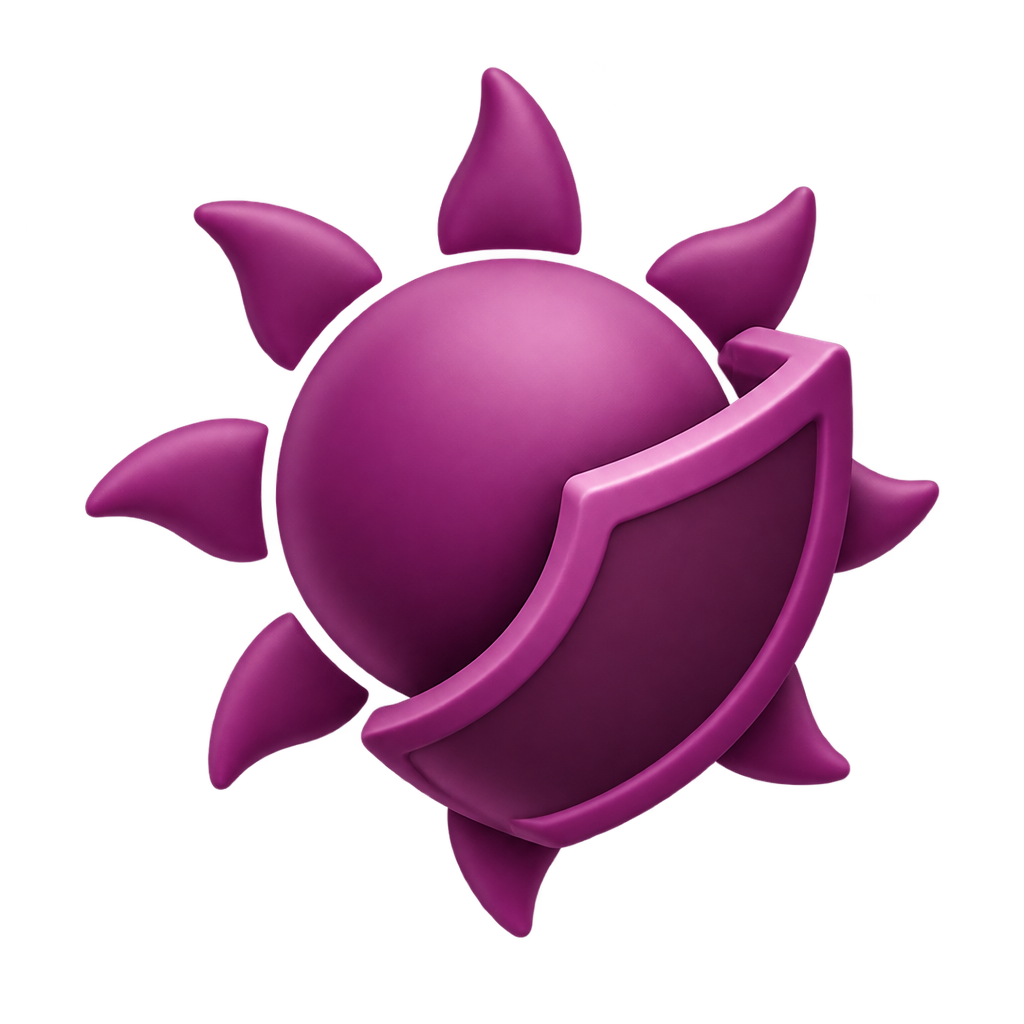 Purple sun-and-shield icon.