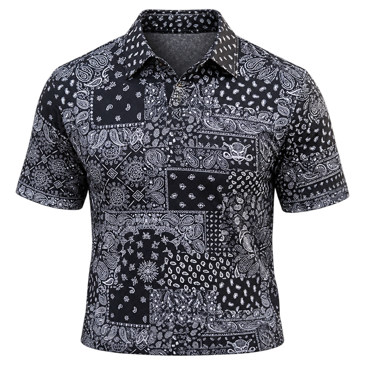 Front view of a black polo with grey bandana-style patchwork patterns.