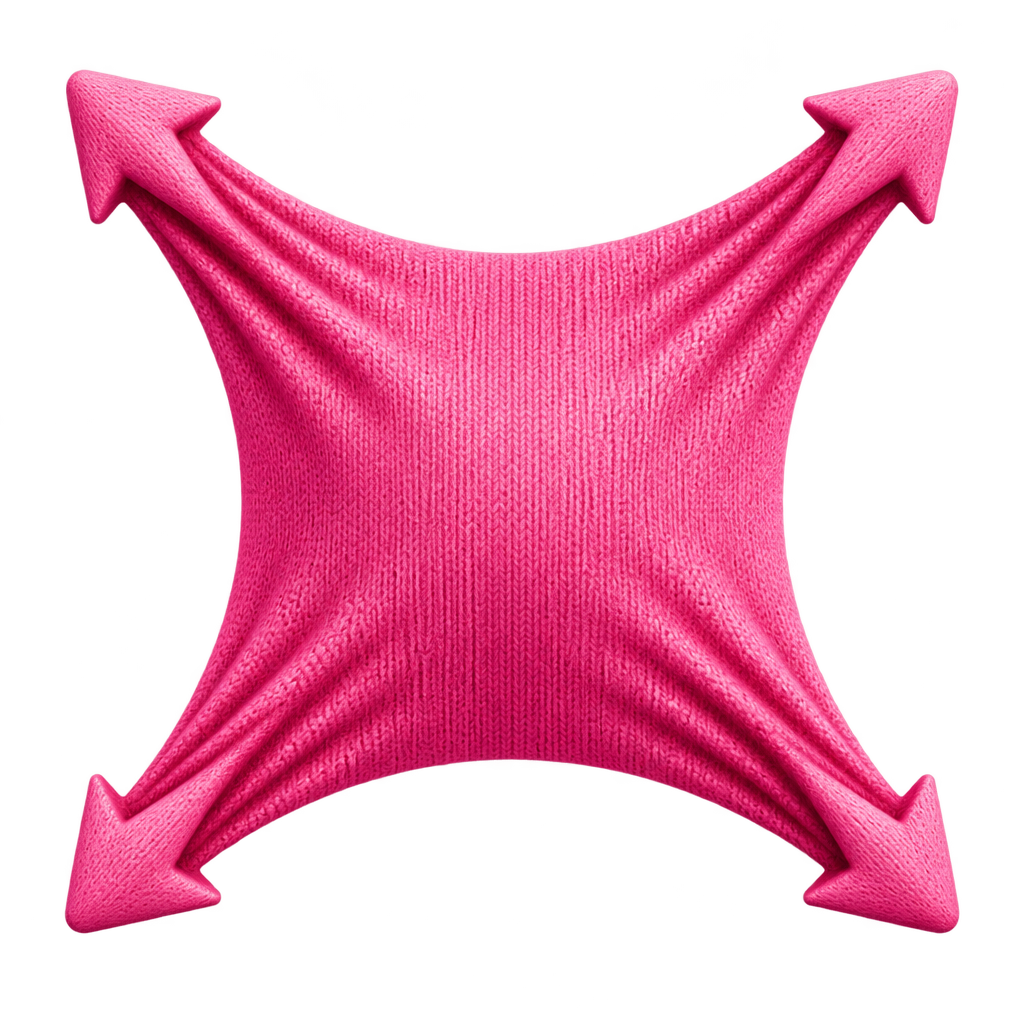 Illustration of pink fabric pulled outward by four diagonal arrows.