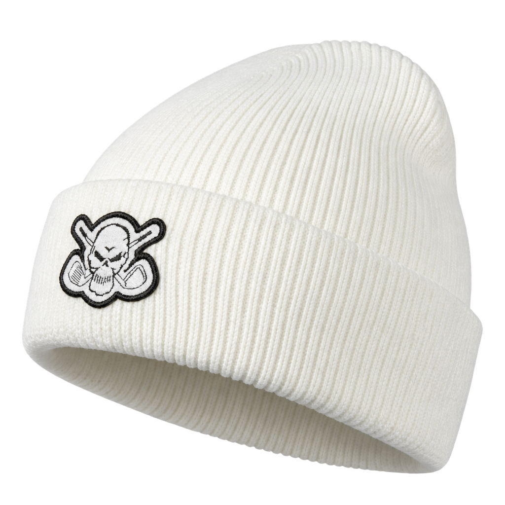 White cuffed knit beanie with a black-and-white skull-and-crossed-clubs patch.