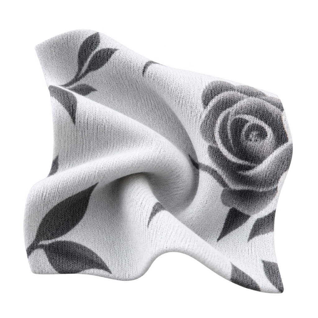 Illustration of white fabric printed with grey roses and leaves.