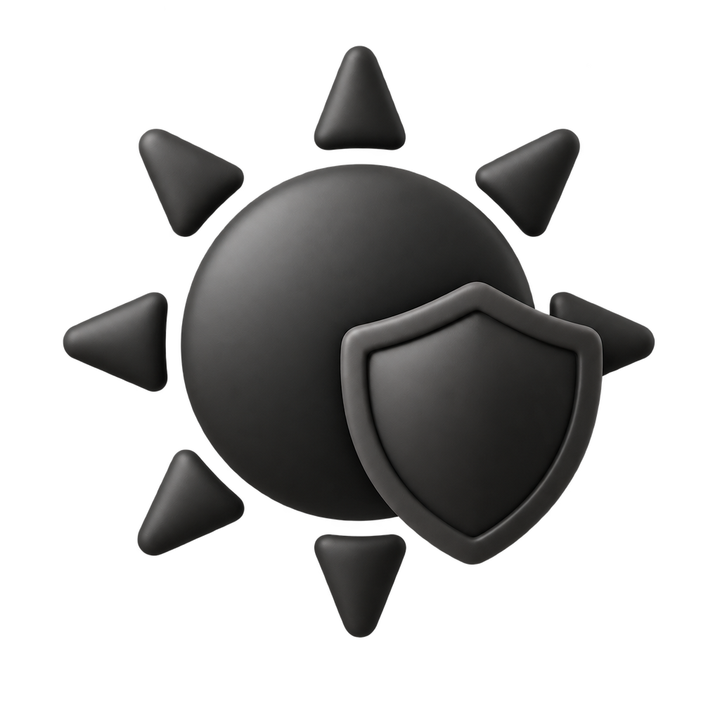 Black sun and shield icon on a dark background.