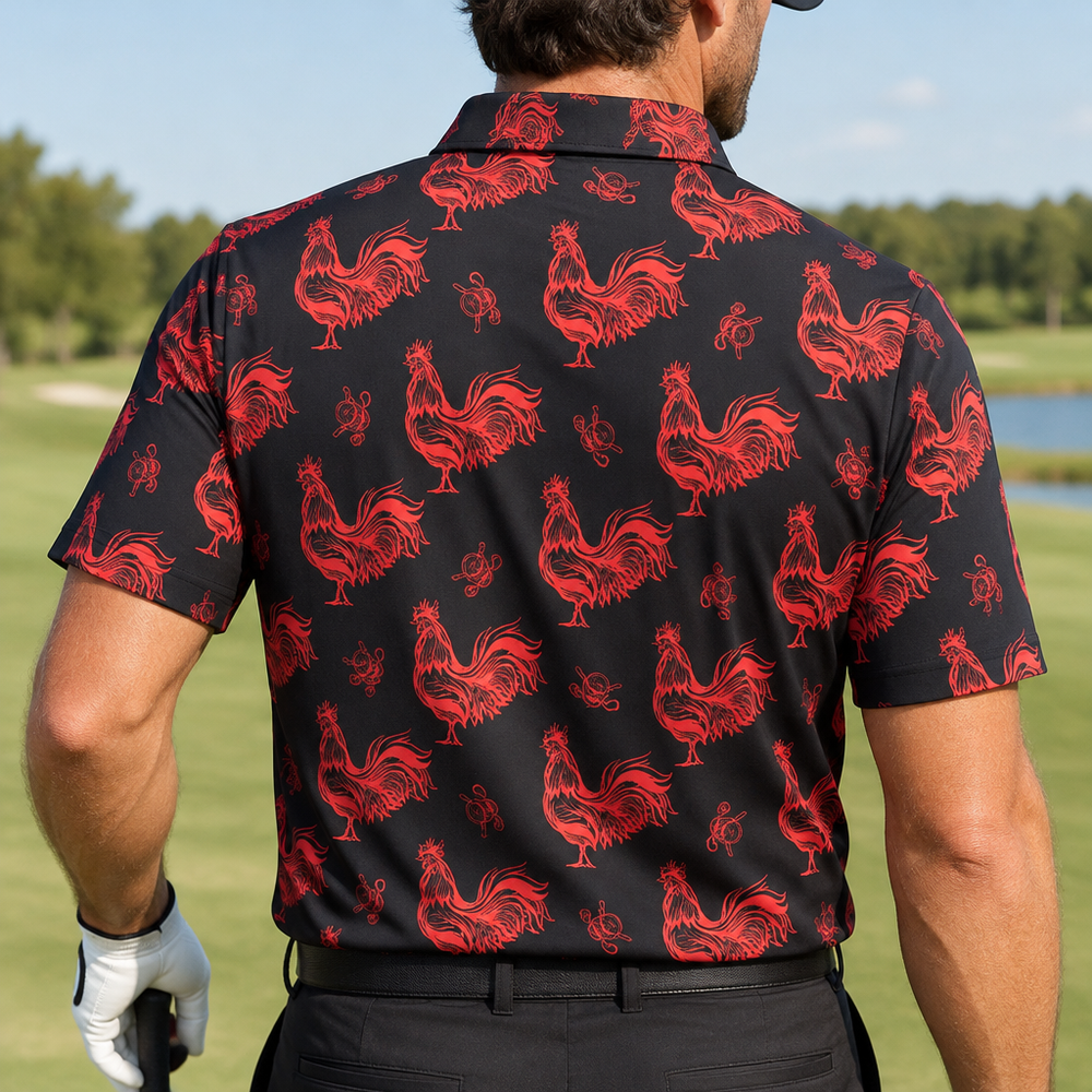 Back view of a golfer wearing a black and red rooster-print polo.