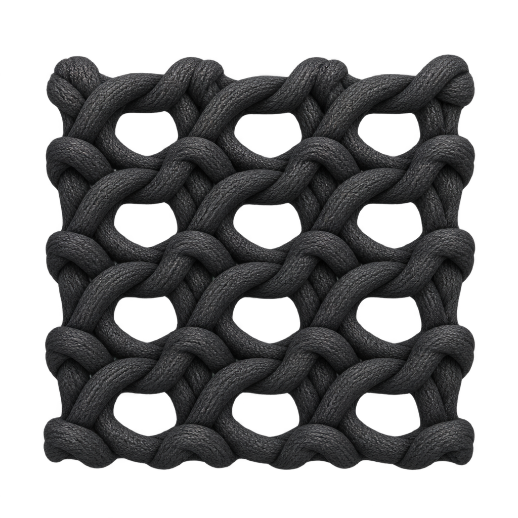 Illustration of enlarged black interlocking knit stitches.