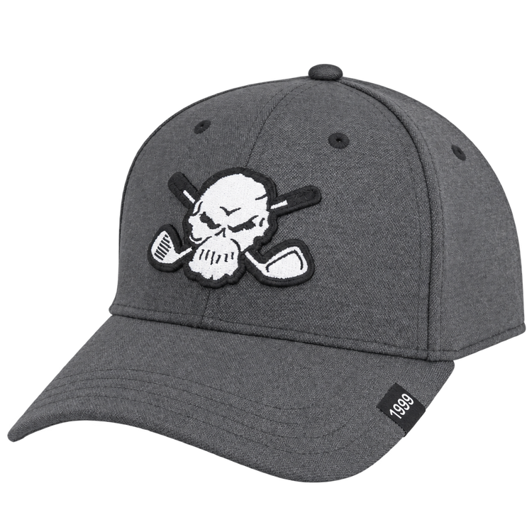 Front view of a charcoal-grey cap with a white skull-and-crossed-clubs patch.