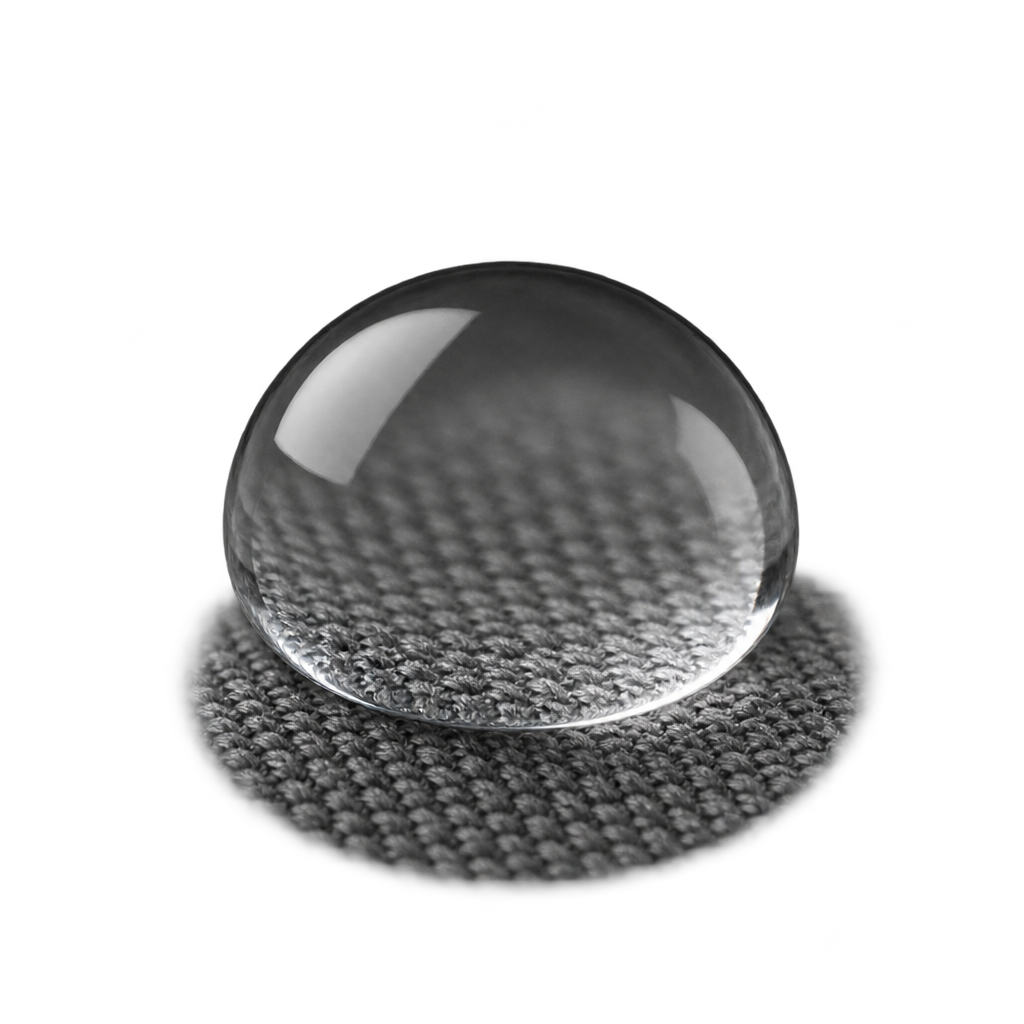 Illustration of a clear water droplet on grey woven fabric.