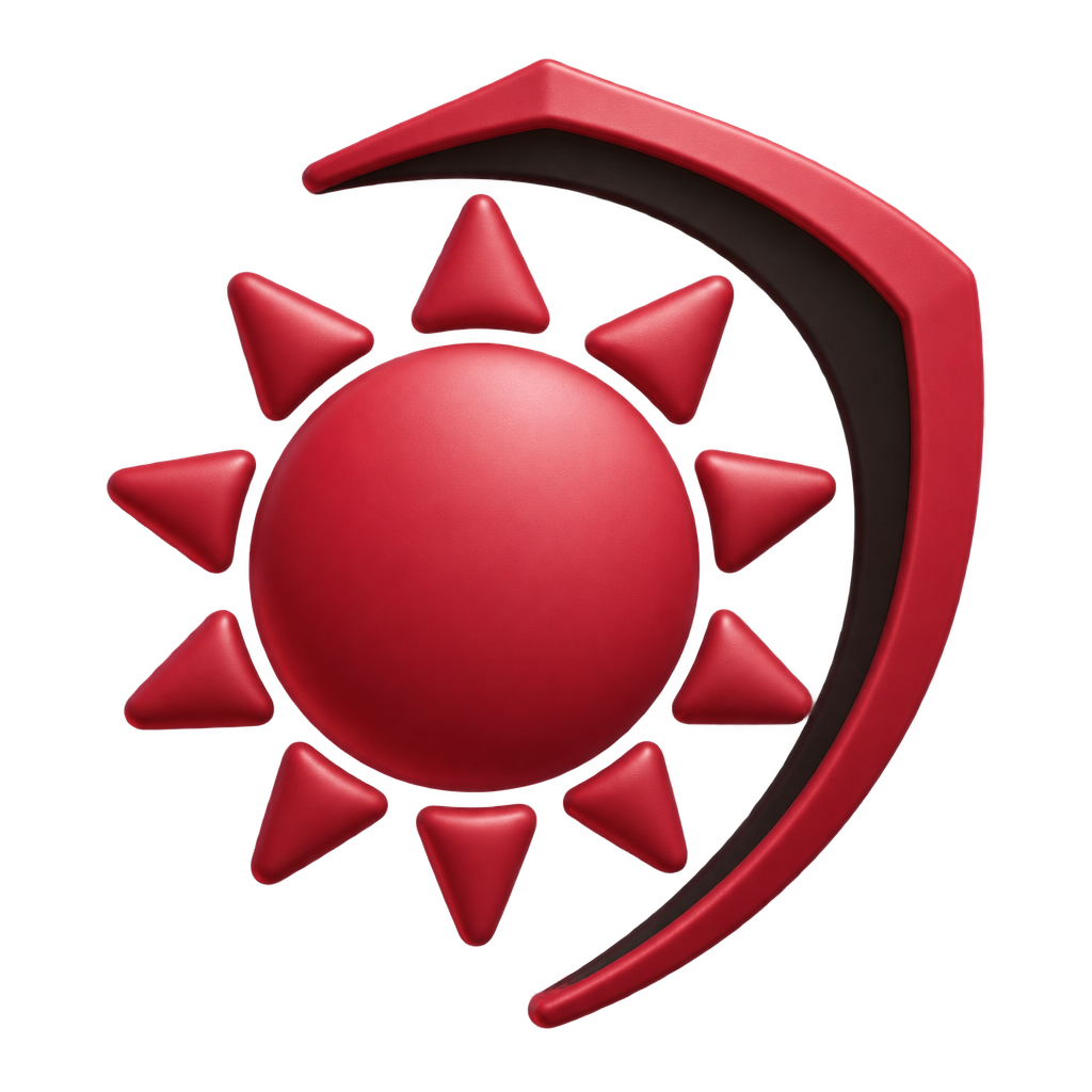 Red sun icon partially enclosed by a curved shield.