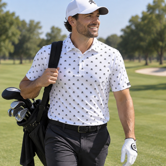 Golfer carrying a bag in a white skull-print polo, black trousers and white cap.