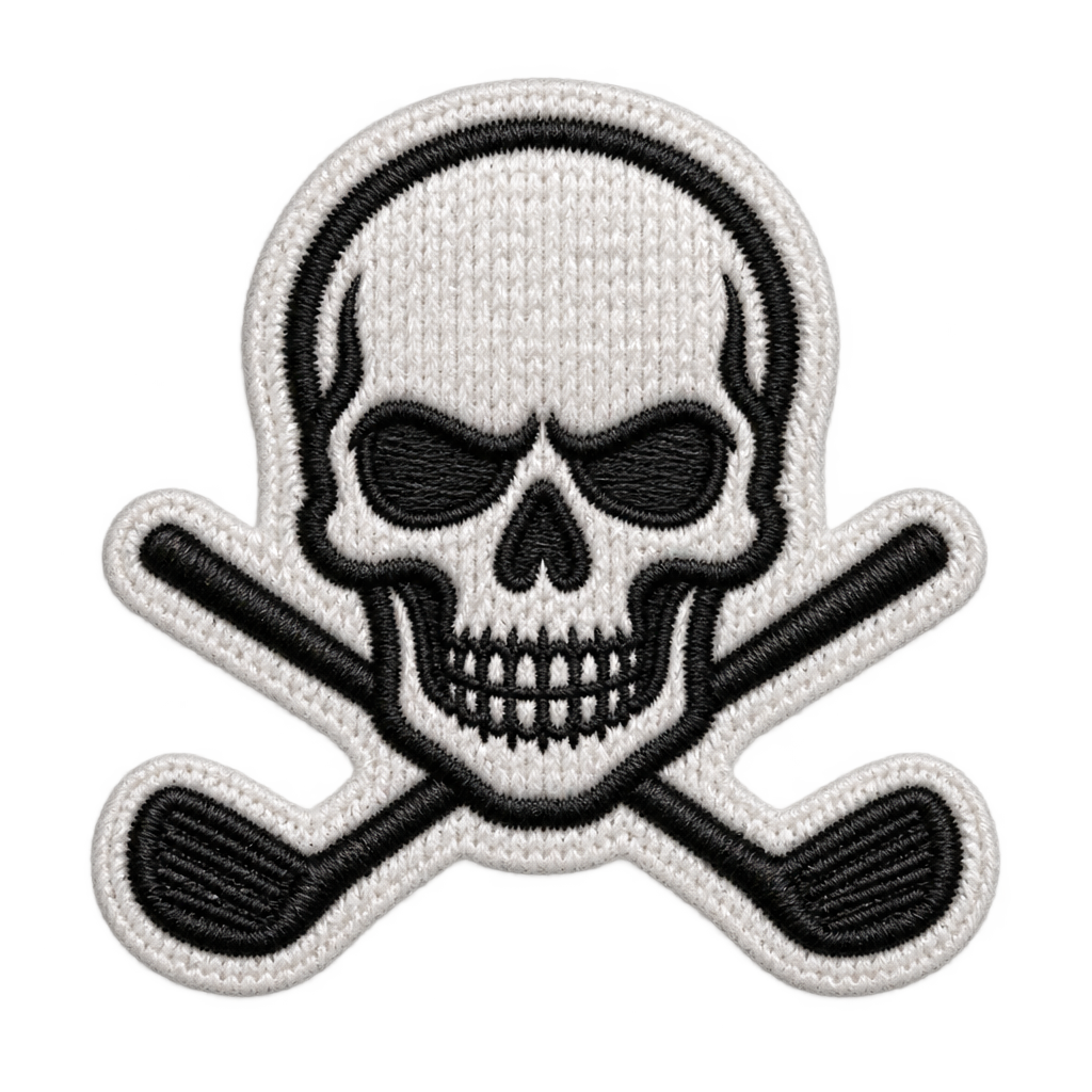 Black-and-white embroidered-style skull-and-crossed-clubs illustration.