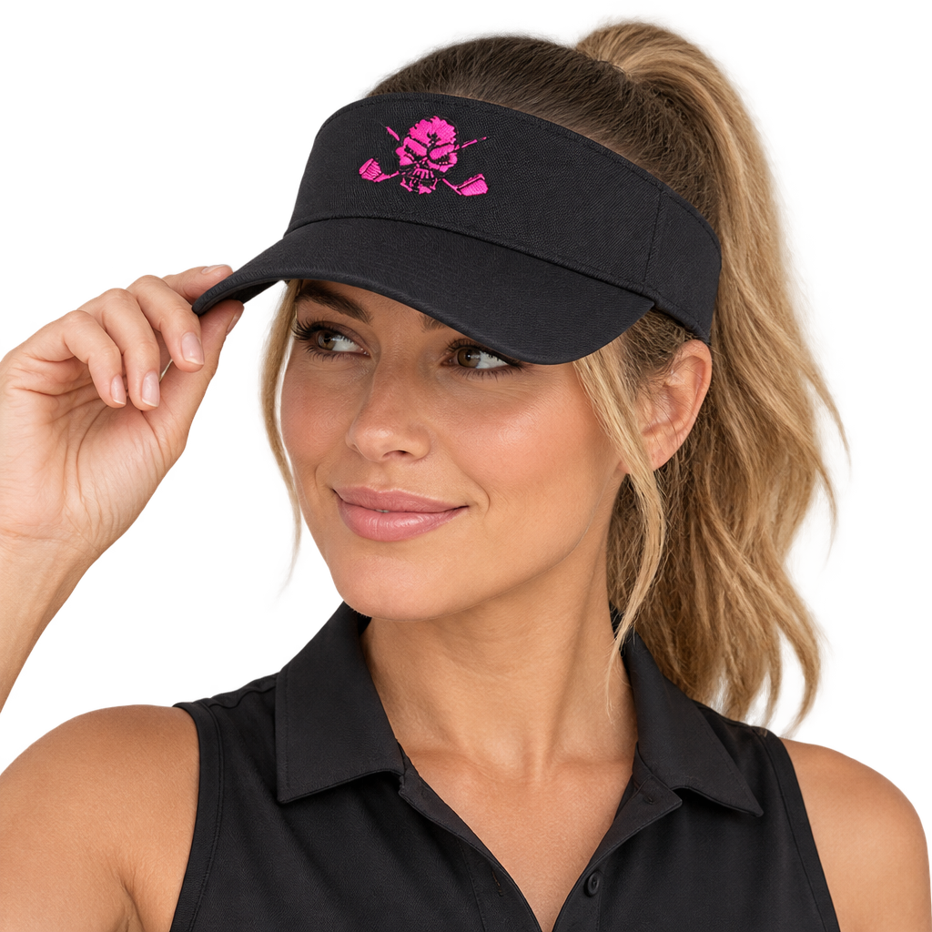 Woman adjusting a black visor with a pink skull-and-crossed-clubs logo.