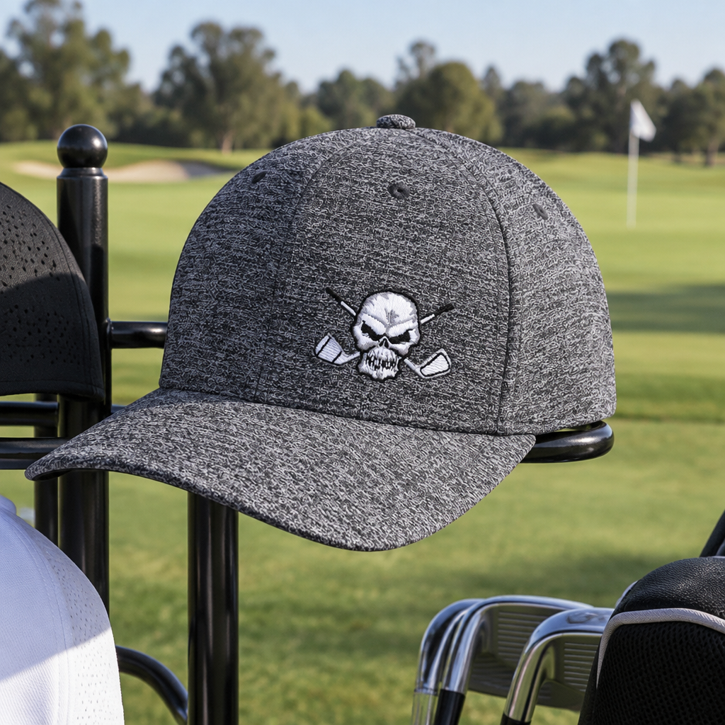 Heather-grey skull-logo cap hanging on a golf cart.