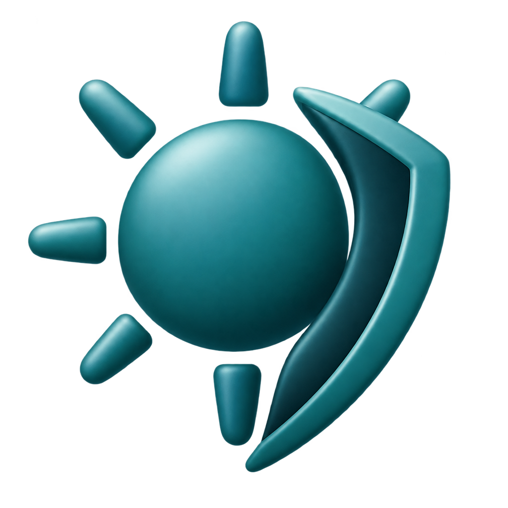 Teal sun icon beside a curved shield-like shape.