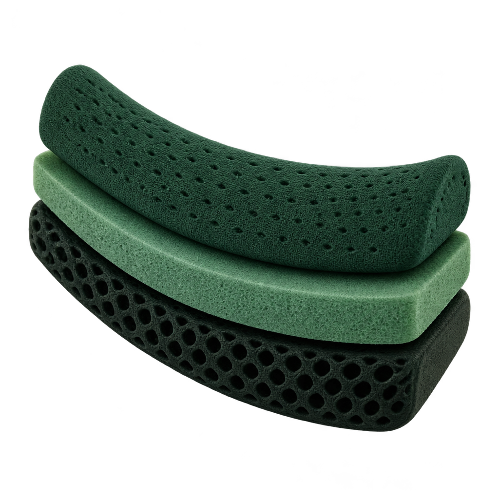 Illustration of three curved green and black material layers.