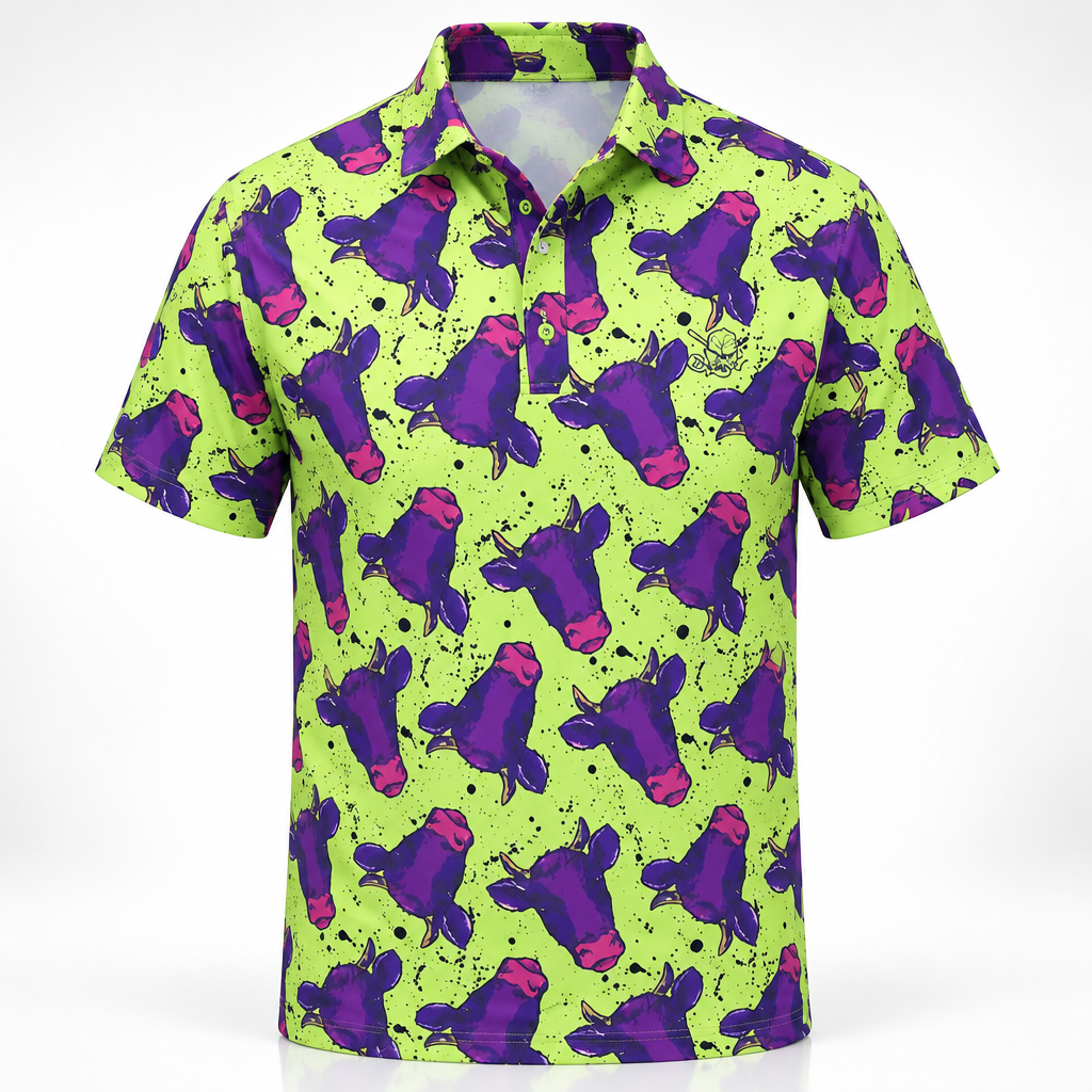 Lime-green and purple cow-print polo displayed on white.